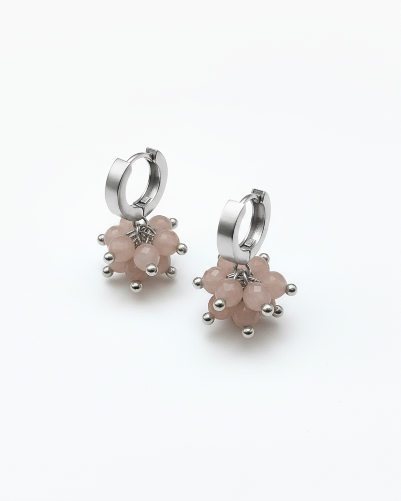 Brinco Argola Quartzo Rosa em Prata