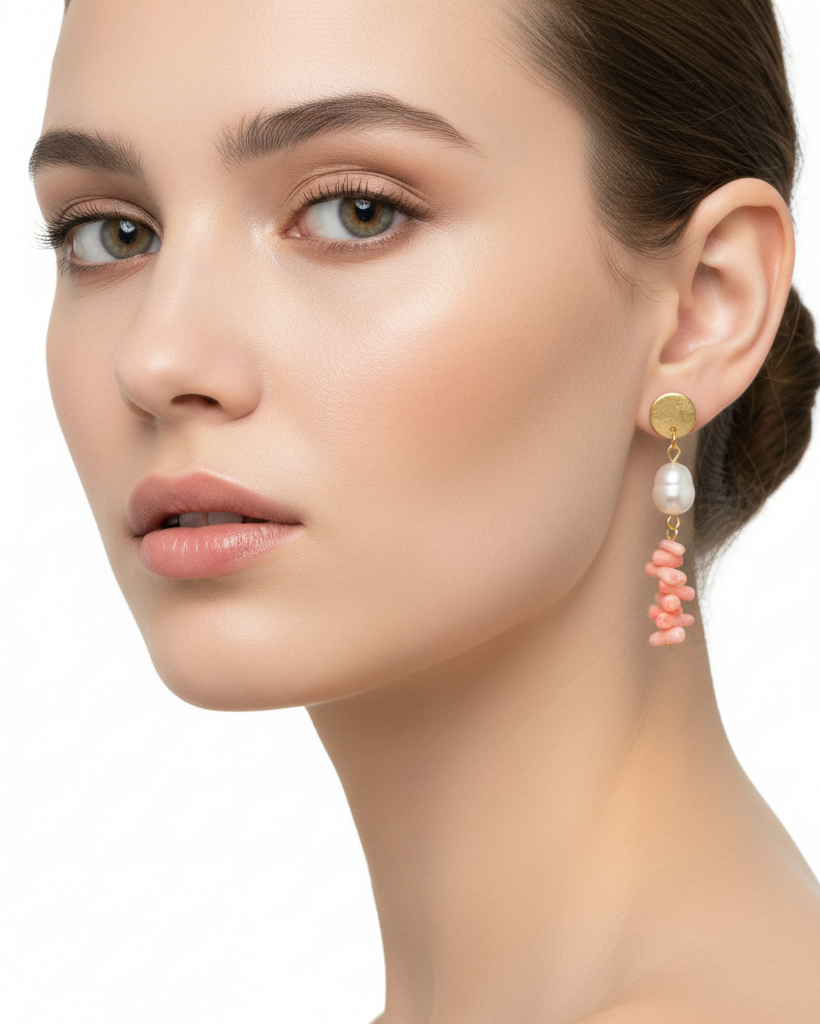 Brinco Coral Podange Pérola em modelo - proporções reais
