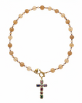 Colar de quartzo rutilado champagne com cruz em fundo branco