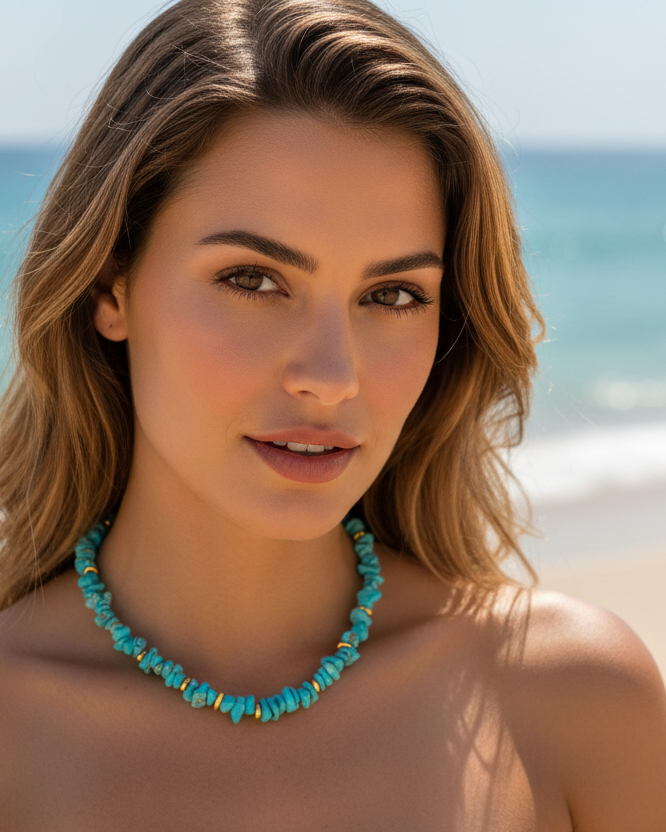 Colar turquesa cascalho em modelo praiana