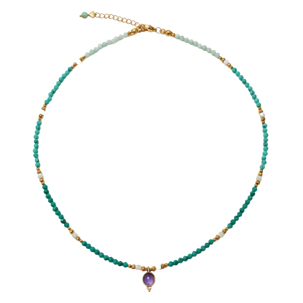 Colar Sisi Facetado Amazonita Turquesa Australiana com Pingente Roxo
