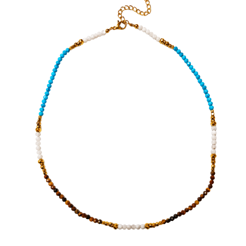 Colar Melina Opala Branca Olho de Tigre Turquesa