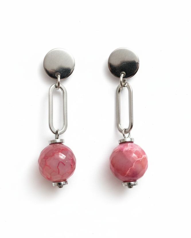 Brinco de ágata rosa com corrente prateada