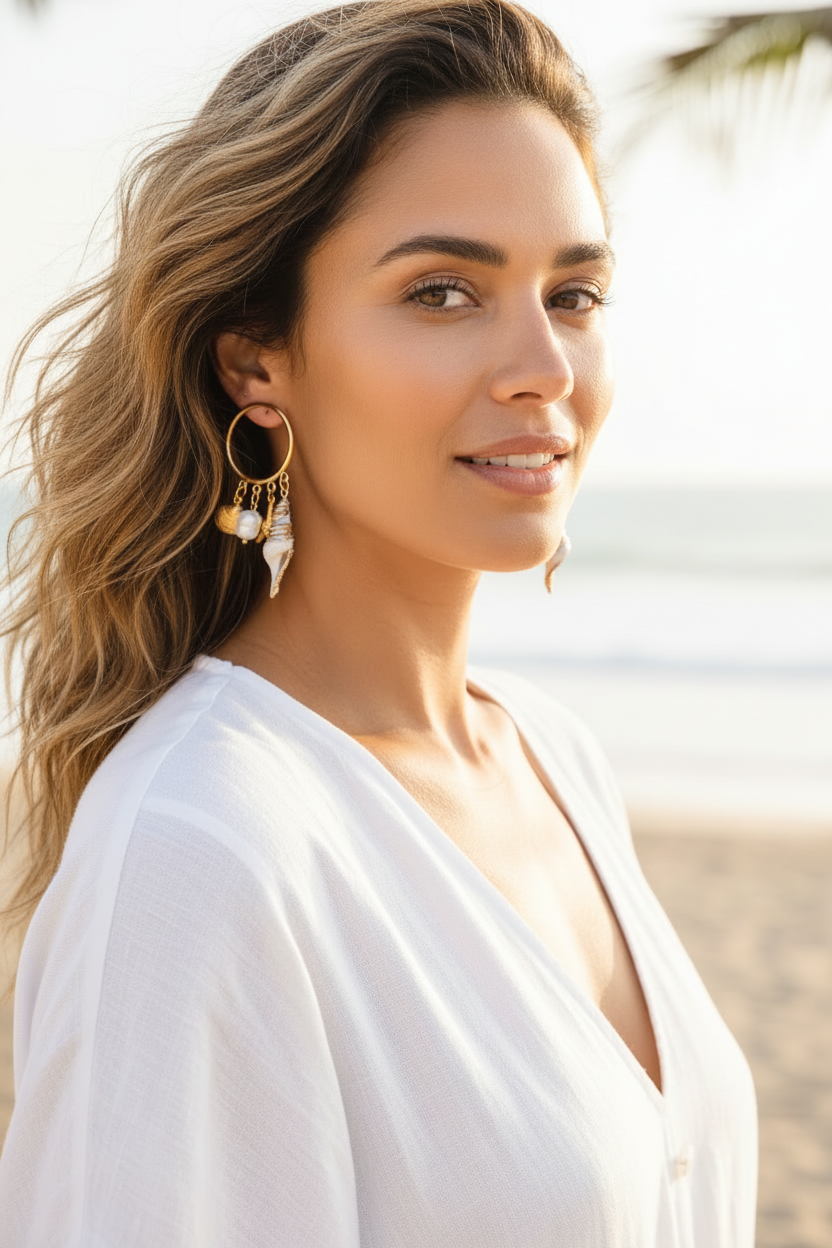 Modelo estilo praia usando brinco com conchas e pérolas - foto luminosa