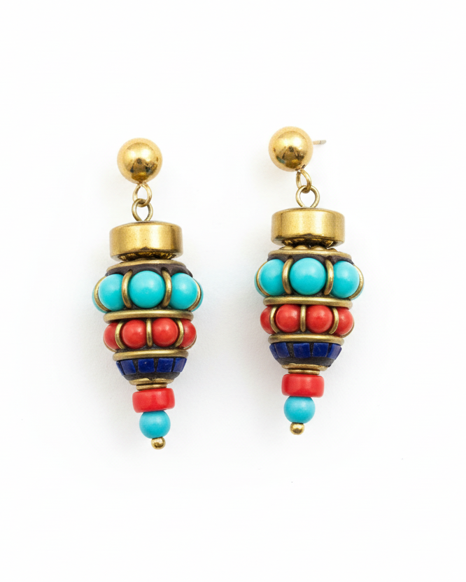 Brinco étnico dourado com turquesa, coral e azul marinho