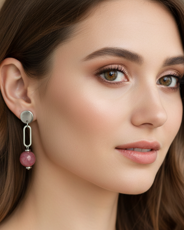 Brinco de ágata rosa com corrente em modelo