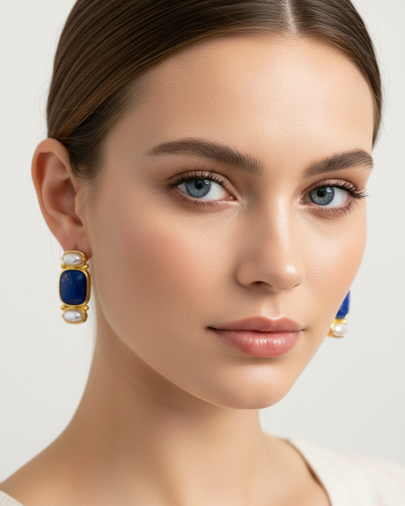 Modelo de olhos azuis usando brincos de lápis-lazúli e pérolas