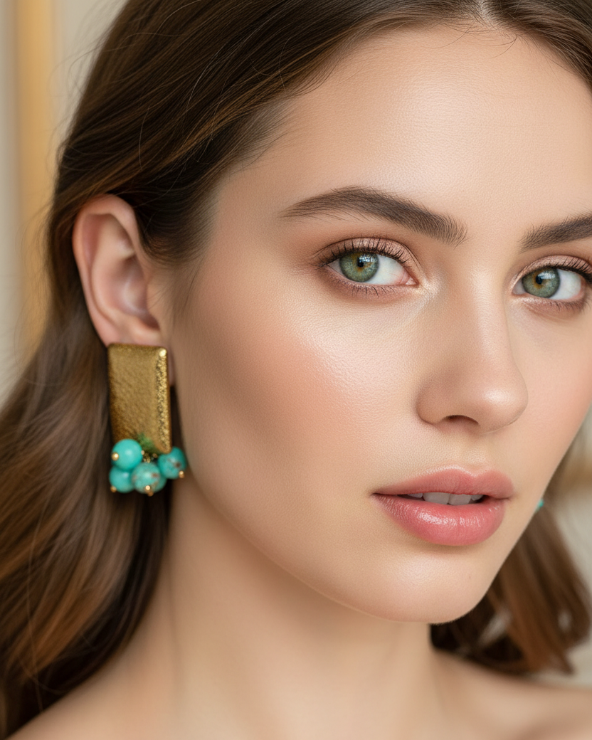Modelo de olhos verdes usando brincos de turquesa