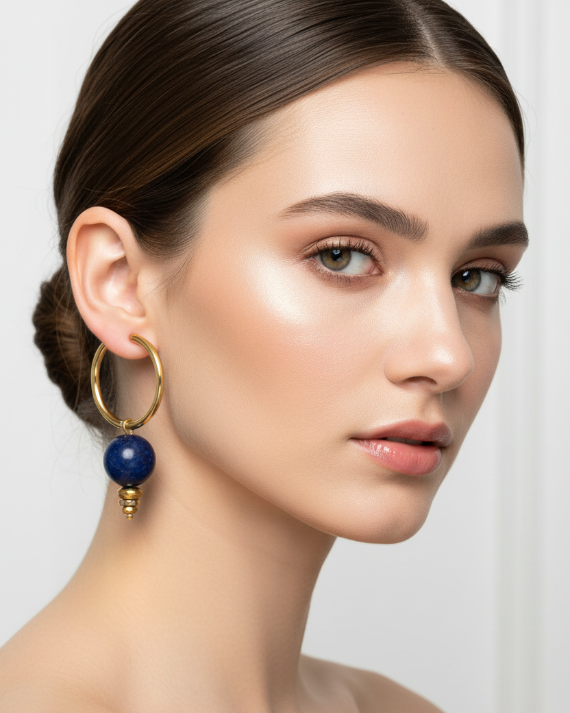 Modelo usando brincos de argola com pedra azul