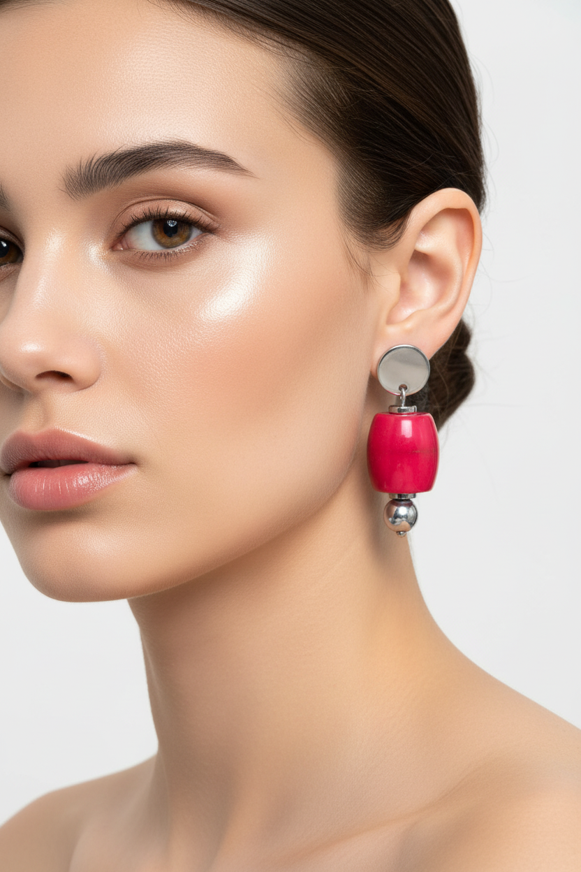 Modelo usando brincos de coral rosa pink