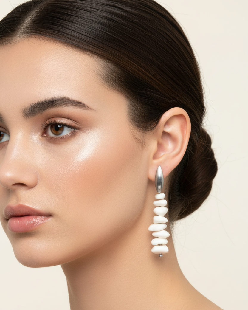 Modelo usando brincos de howlita branca com detalhes prateados