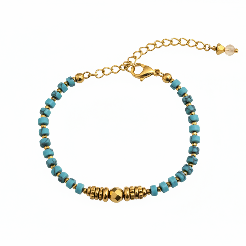 Pulseira turquesa com pedra translúcida no extensor